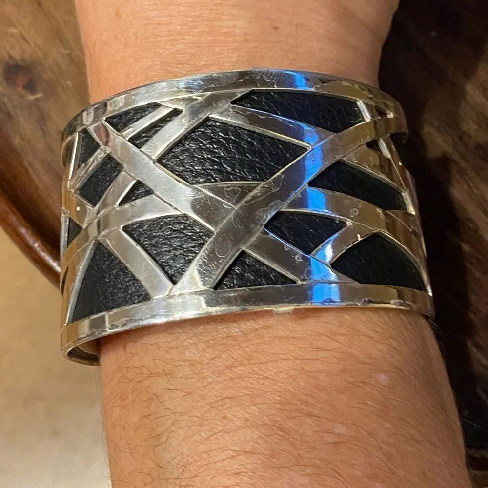 Brighton Silver Christo‎ Maritzburg Wide Cuff Bracelet with black white leather